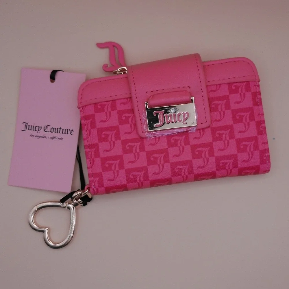 Juicy Couture Pink Lemonade Monogram Tab Card Wallet Y2K Heart Clip Keyring NEW